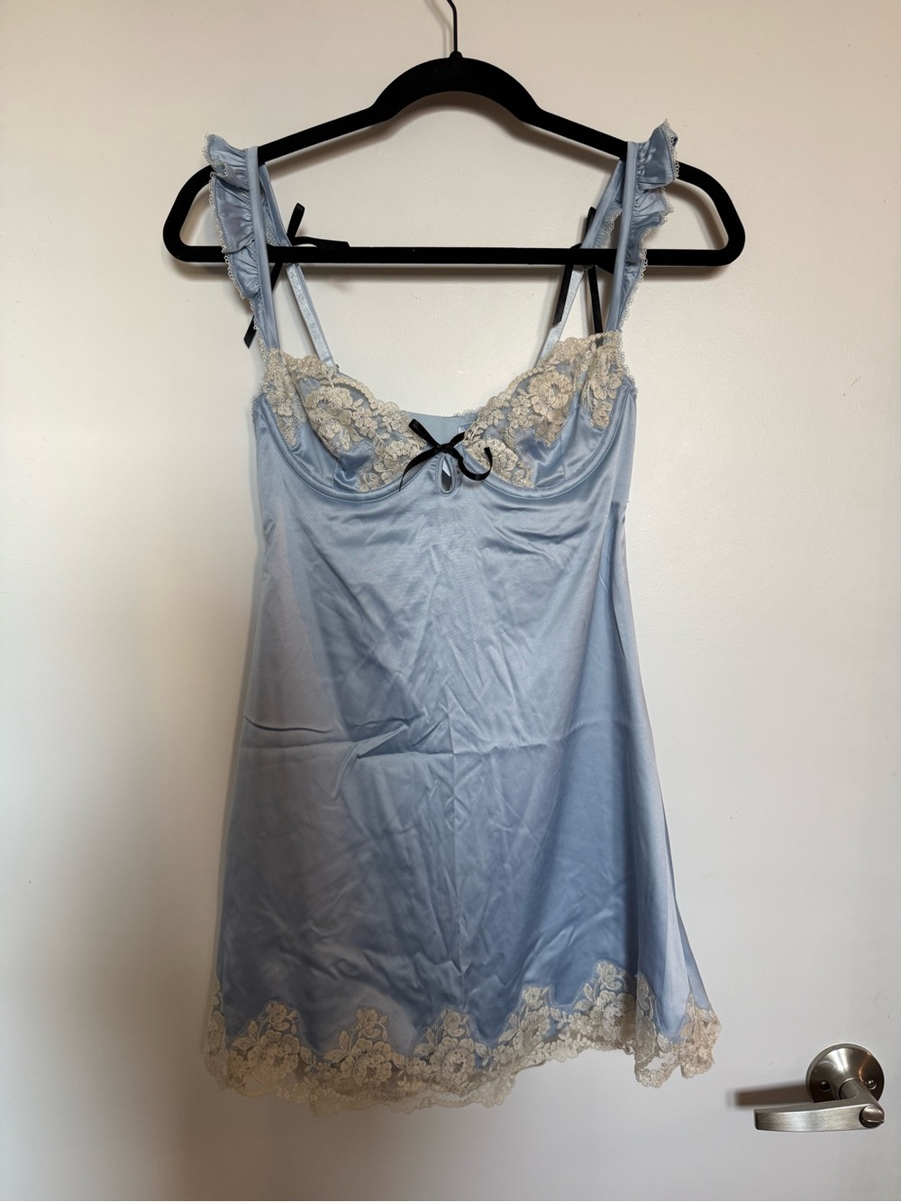 For Love & Lemons Pale Blue Satin Chemise with Cream Lace Trim